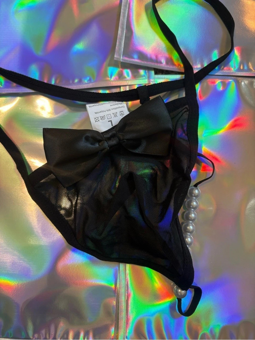 Sexy men’s Black mesh thong with pearl detail and bow, size L. #lingerie
